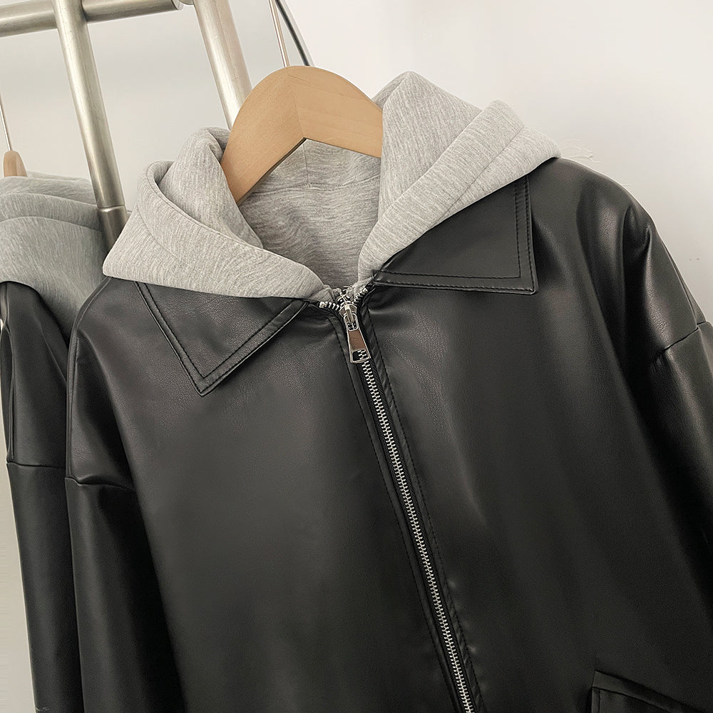 OFTBUY Detachable Hood Color Block Design New Women's Faux Leather Bomber Jacket Zipper Elastic Hem Casual Streetwear Outerwear