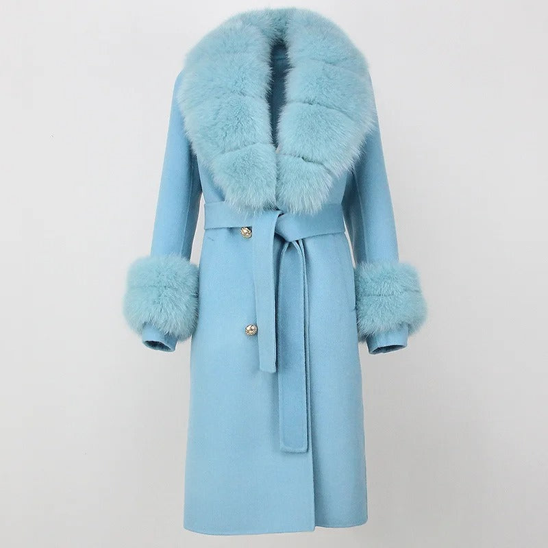 OFTBUY Winter Jacket Women Long Natural Wool Blends Cashmere Real Fur Coat Double Breasted Belt Warm Streetwear New Fashion