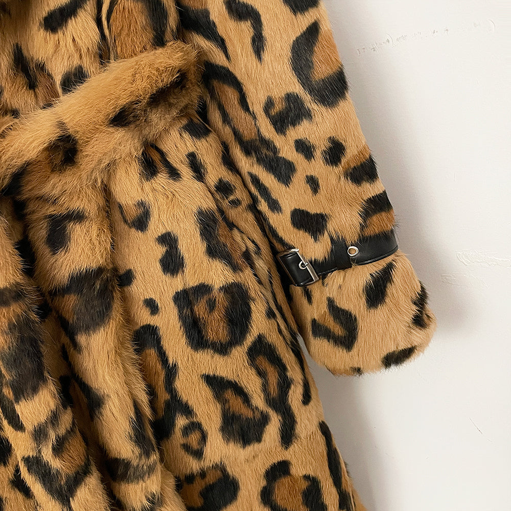 OFTBUY Luxury Leopard Print Real Rabbit Fur Long Coat - Wide Notched Lapel Belted Waist Genuine Rabbit Fur Winter Trench Coat