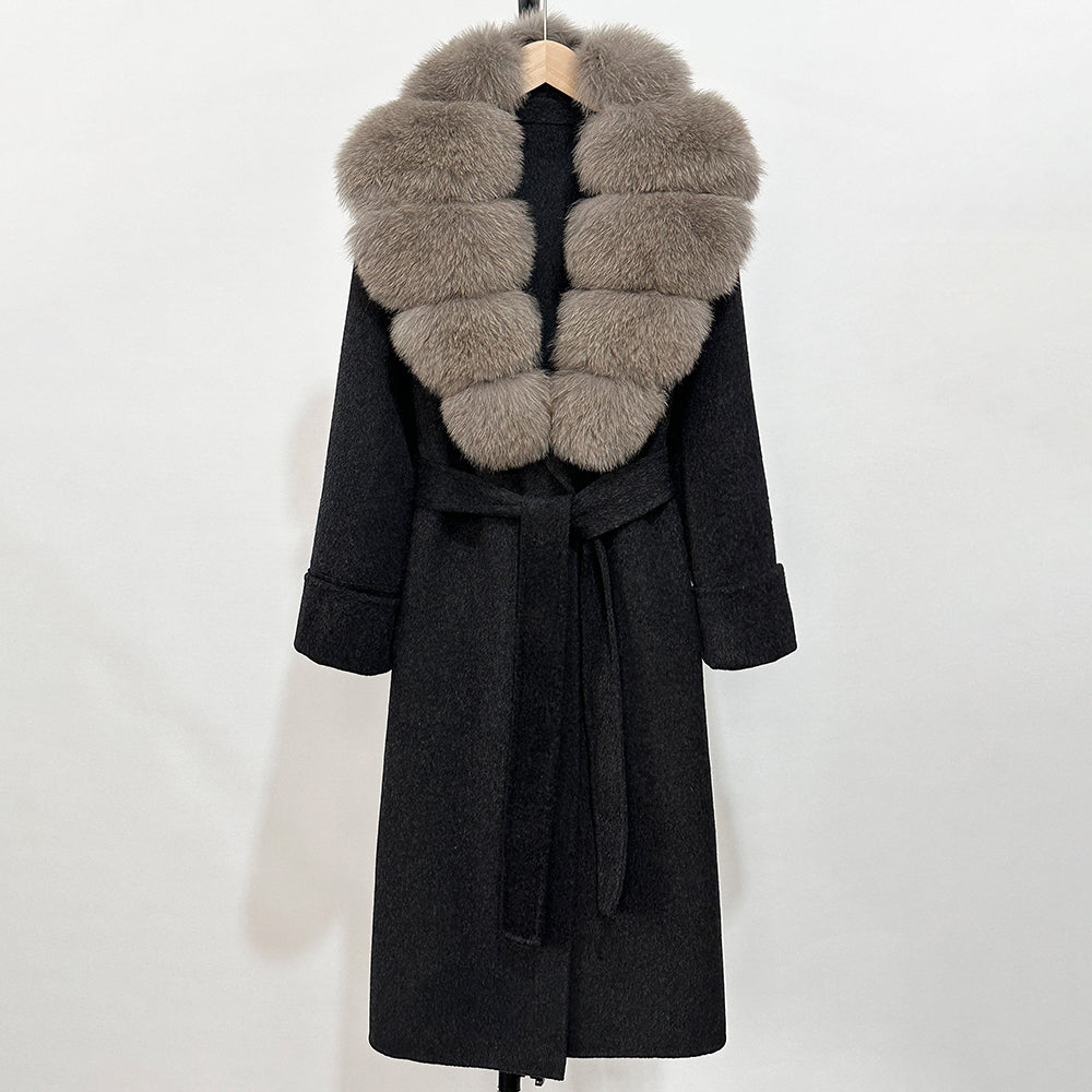 OFTBUY Long Belt 100% Wool Coat with Real Fox Fur Collar Warm Natural Fur Woolen Jacket Female New Autumn Winter Clothing Women