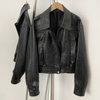 OFTBUY New Vintage Biker Outerwear Female Women's Black Faux Leather Cropped Bomber Jacket PU Aviator Coat with Elastic Hem