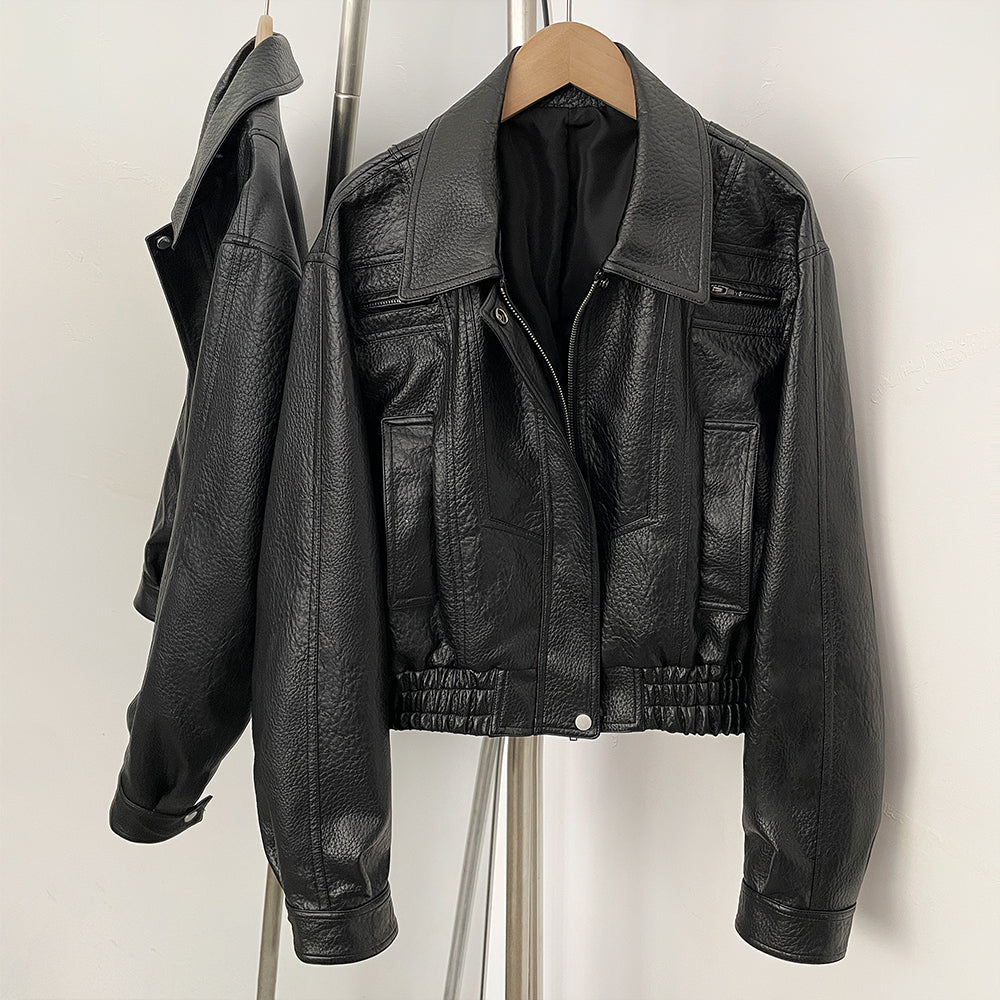 OFTBUY New Vintage Biker Outerwear Female Women's Black Faux Leather Cropped Bomber Jacket PU Aviator Coat with Elastic Hem