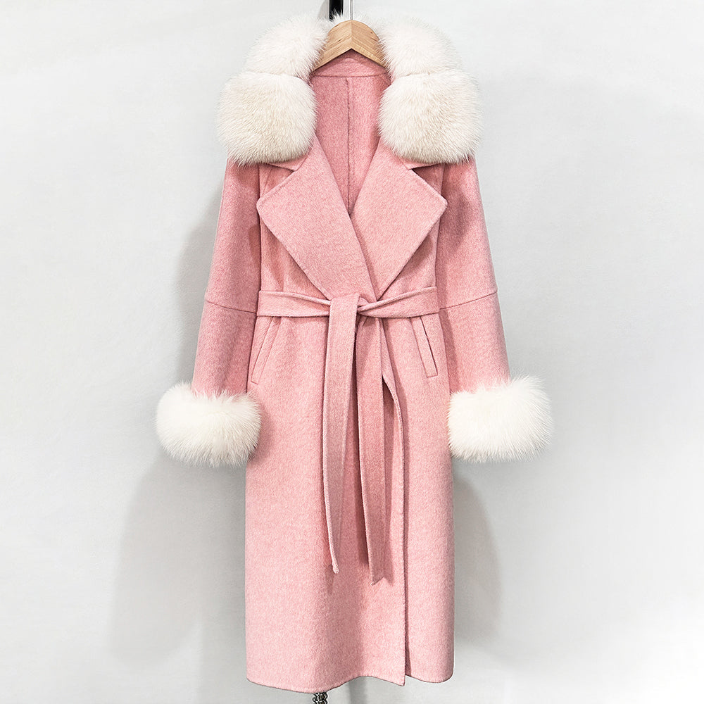 OFTBUY Belted Long Warm Winter Elegant Fashion Outerwear New Women's Double-Faced Wool Coat with Real Fox Fur Collar and Cuffs
