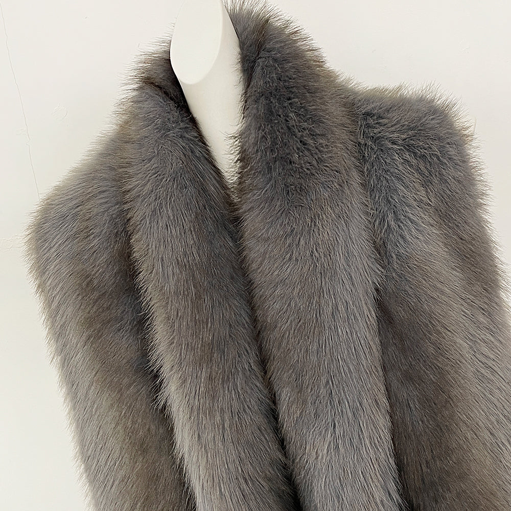 OFTBUY Luxury Long-Line Faux Fur Gilet - Premium Vegan Fox Fur Sleeveless Overcoat with Oversized Shawl Collar