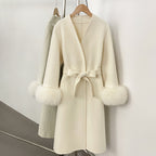 OFTBUY New Women's Double-Faced Wool Coat with Real Fox Fur Cuffs V-Neck Belted Bow Long Warm Winter Elegant Fashion Outerwear