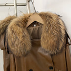 OFTBUY Women's Real Fox Raccoon Fur Collar Faux Leather Trench Coat Double Breasted PU Jacket with Belt Luxury Winter Outerwear