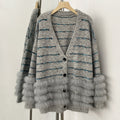 OFTBUY Stripe V-neck Real Fur Trim Sweater Coat Women New Spring Autumn Top Clothing Female Knitted Cardigans with Real Fox Fur