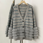 OFTBUY Stripe V-neck Real Fur Trim Sweater Coat Women New Spring Autumn Top Clothing Female Knitted Cardigans with Real Fox Fur
