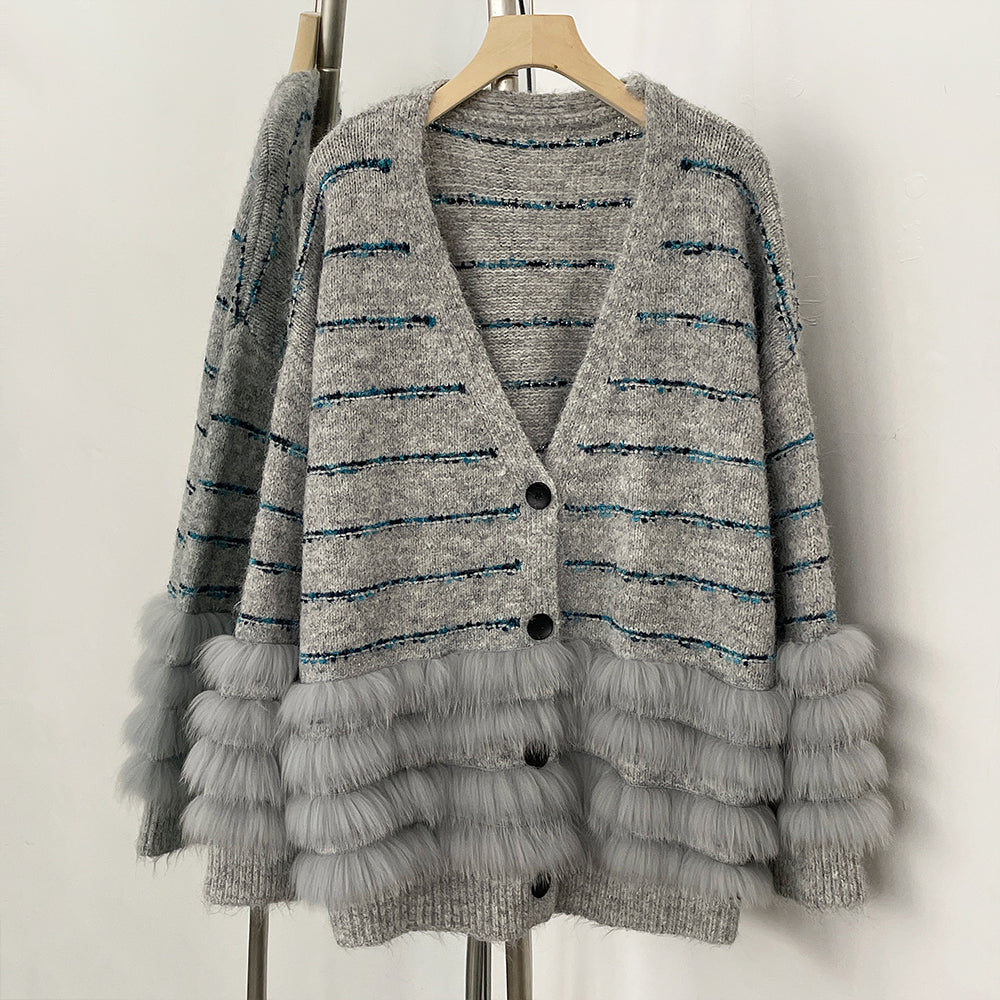 OFTBUY Stripe V-neck Real Fur Trim Sweater Coat Women New Spring Autumn Top Clothing Female Knitted Cardigans with Real Fox Fur