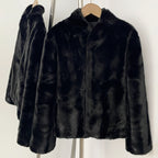 Luxury solid black stand collar faux mink fur short jacket open front view