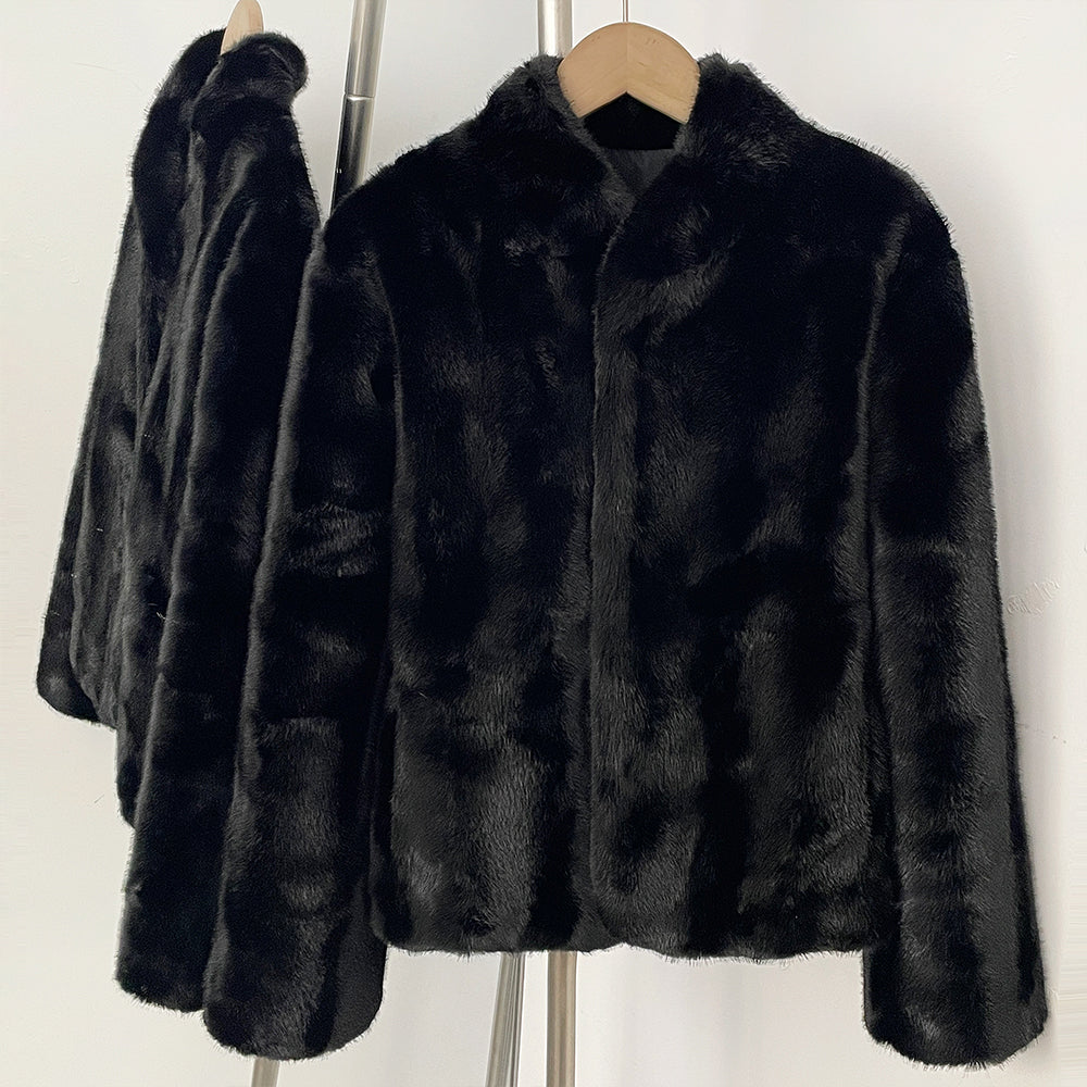 Luxury solid black stand collar faux mink fur short jacket open front view