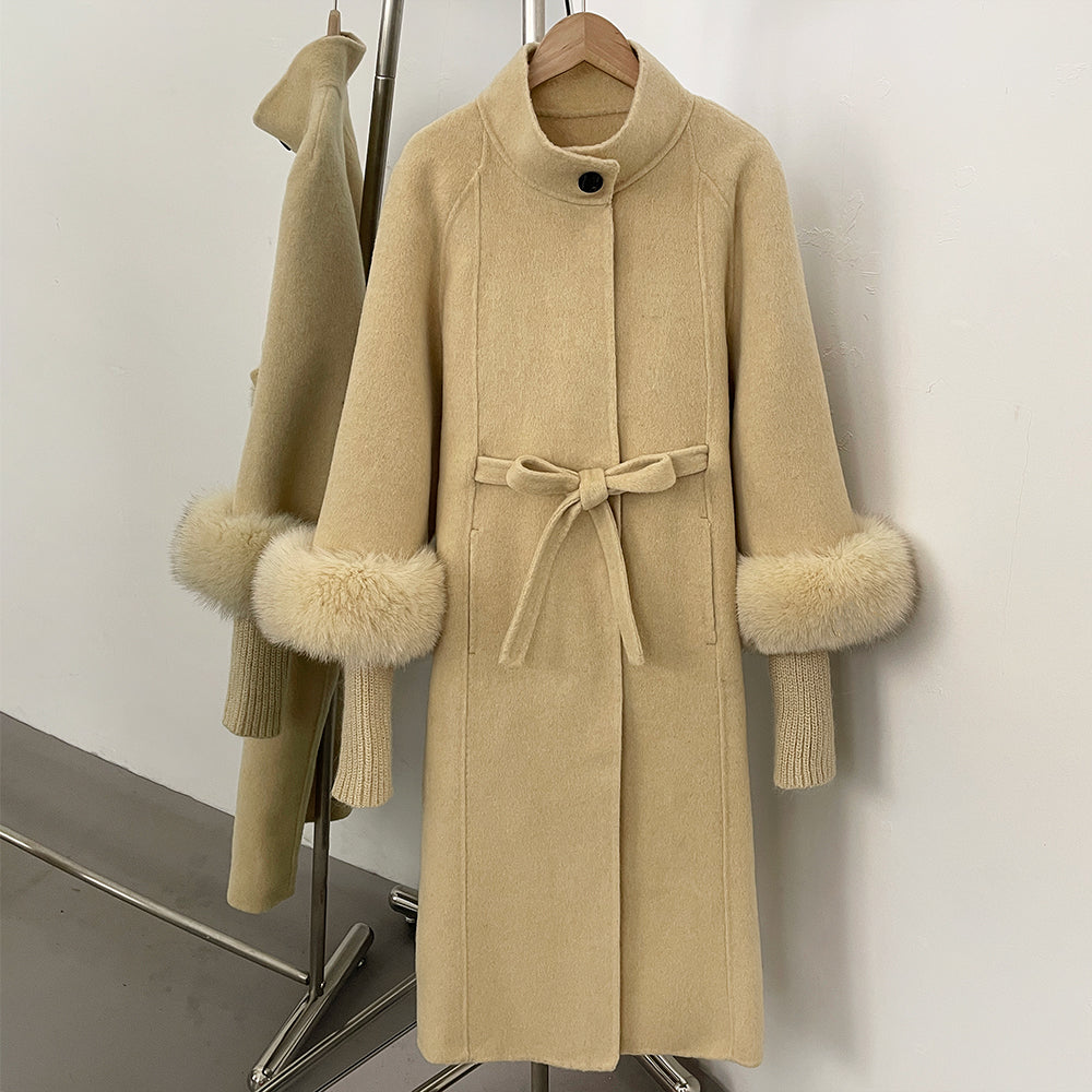 OFTBUY New Autumn Winter Knitted Sleeves Woolen Clothes Women High Collar Belt Real Fox Fur Wool Coat Female Alpaca Loose Jacket