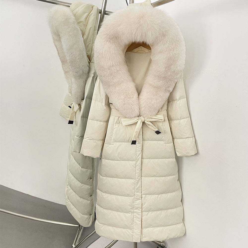 OFTBUY Hooded Winter White Duck Down Coat Large Real Fox Fur Collar X-Long Puffer Jacket Women Thick Female Parkas With Belt
