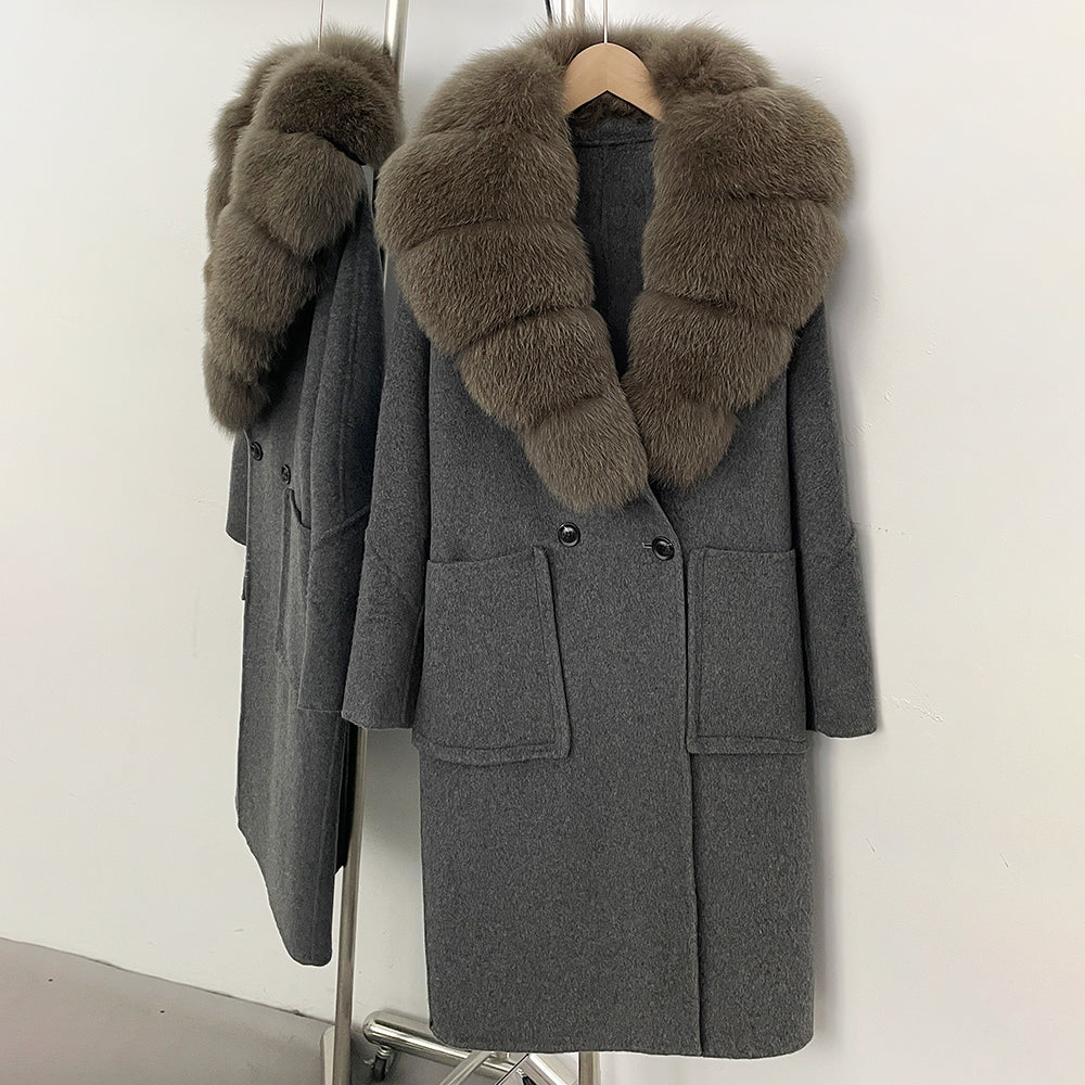 OFTBUY Double Breasted Pockets Long Luxury Warm Winter Outerwear New Women's Double-Faced Wool Coat with Real Fox Fur Collar