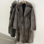 OFTBUY Luxury Long-Line Notch Lapel Faux Fur Coat - Elegant Winter Vegan Fur Overcoat