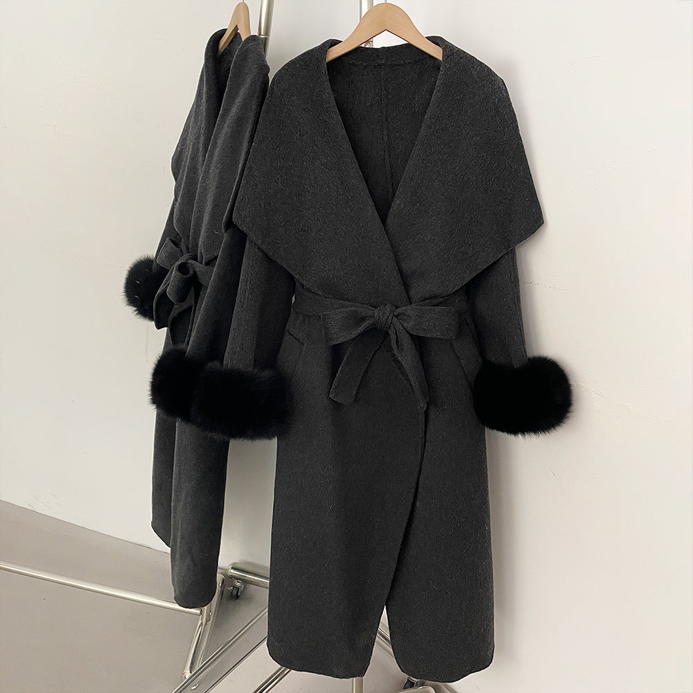 OFTBUY Belt Real Fox Fur Cuffs Elegant Warm Winter Outerwear lady New Women's Long Double-Faced Wool Coat Oversized Lapel Collar