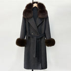 OFTBUY Fashion Warm Solid Long Wool Real Fur Jacket Female Natural Fox Fur Cuff Woolen Coat New Autumn Winter Black Clothes Lady