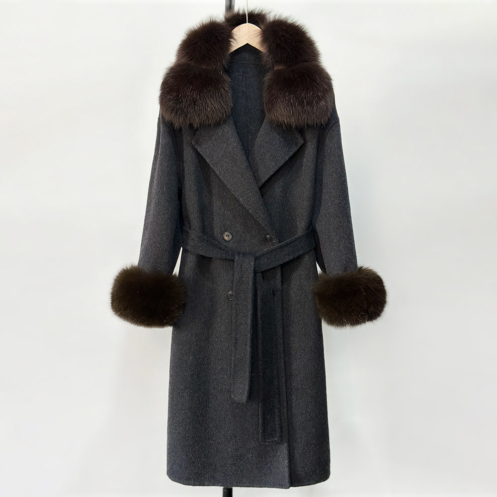 OFTBUY Fashion Warm Solid Long Wool Real Fur Jacket Female Natural Fox Fur Cuff Woolen Coat New Autumn Winter Black Clothes Lady