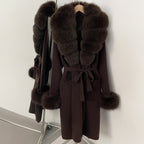 OFTBUY New Cardigan Autumn Winter Long Knit Clothing Women Loose Warm Belt Sweater Jacket with Real Fox Fur Collar and Cuffs