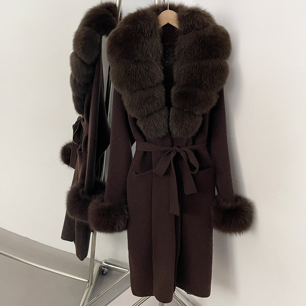 OFTBUY New Cardigan Autumn Winter Long Knit Clothing Women Loose Warm Belt Sweater Jacket with Real Fox Fur Collar and Cuffs