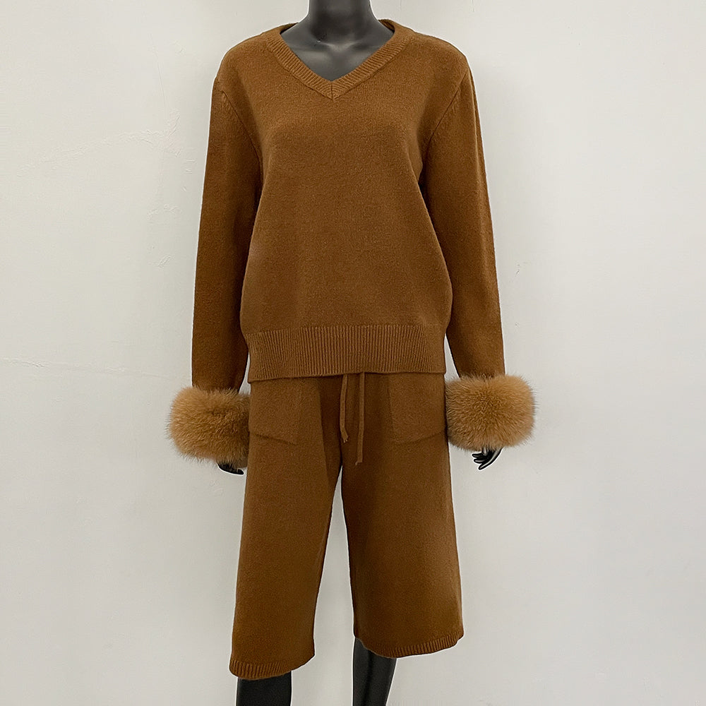 OFTBUY New Women's Knitted Two Piece Set with Real Fox Fur Cuffs V Neck Warm Winter Casual Elegant Outfit Sweater Female