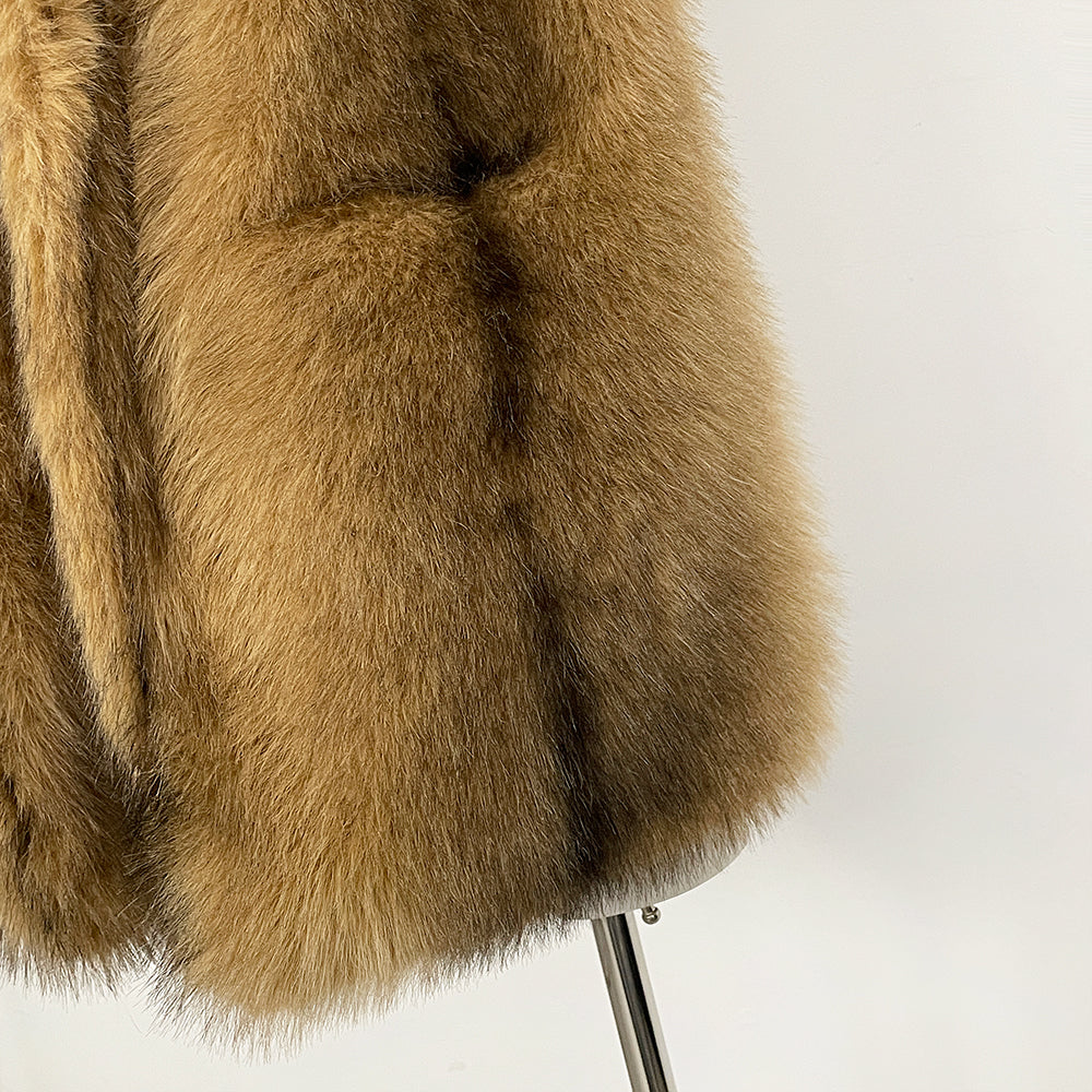 OFTBUY Luxury Long-Line Faux Fur Gilet - Premium Vegan Fox Fur Sleeveless Overcoat with Oversized Shawl Collar
