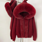 Vibrant red zip-up knitted jacket with voluminous matching real fur trim for winter