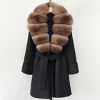 OFTBUY Natural Real Fox Fur Wool Blends Coat Women New Belt Pocket Winter Jacket Female Loose Woolen Outerwear Streetwear
