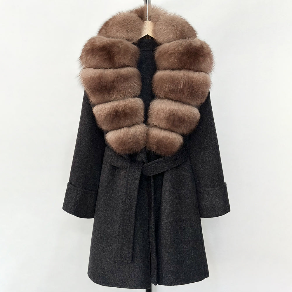 OFTBUY Natural Real Fox Fur Wool Blends Coat Women New Belt Pocket Winter Jacket Female Loose Woolen Outerwear Streetwear