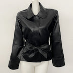 OFTBUY New Women's Lapel Collar Button Faux Leather Jacket Belted Waist Tailored Fit Detail Elegant Fashion Outerwear Female