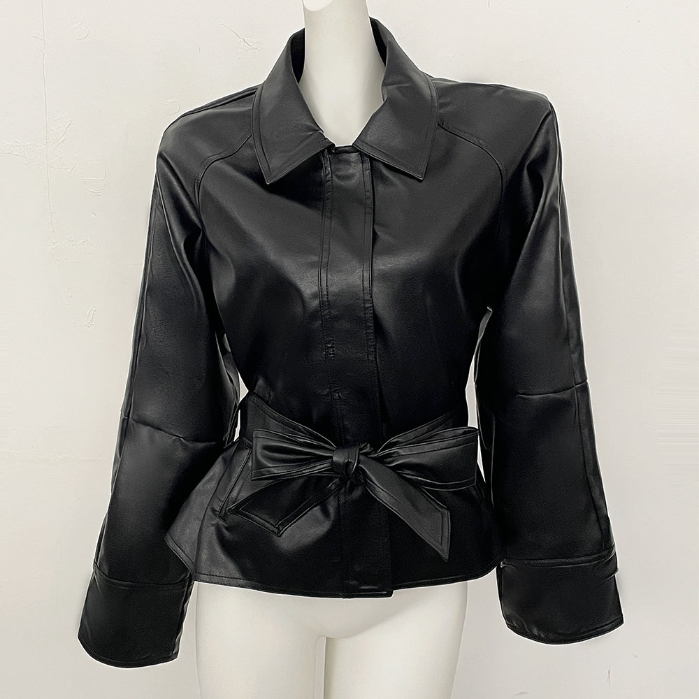 OFTBUY New Women's Lapel Collar Button Faux Leather Jacket Belted Waist Tailored Fit Detail Elegant Fashion Outerwear Female