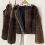 OFTBUY Luxury Collarless Faux Fur Jacket - Chic Short Fluffy Vegan Fur Coat for Women