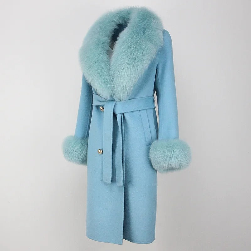 OFTBUY Winter Jacket Women Long Natural Wool Blends Cashmere Real Fur Coat Double Breasted Belt Warm Streetwear New Fashion