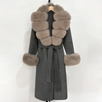 OFTBUY Fashion Warm Woolen Jacket with Real Fox Fur Collar and Cuffs New Autumn Winter Wool Clothing Women Long Belt Outerwear