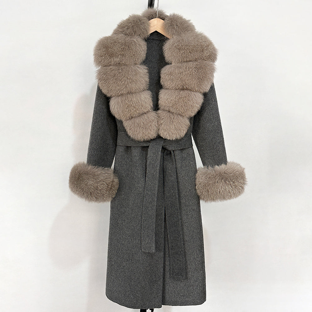 OFTBUY Fashion Warm Woolen Jacket with Real Fox Fur Collar and Cuffs New Autumn Winter Wool Clothing Women Long Belt Outerwear