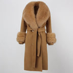 OFTBUY Winter Jacket Women Long Natural Wool Blends Cashmere Real Fur Coat Double Breasted Belt Warm Streetwear New Fashion