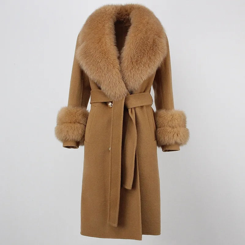 OFTBUY Winter Jacket Women Long Natural Wool Blends Cashmere Real Fur Coat Double Breasted Belt Warm Streetwear New Fashion