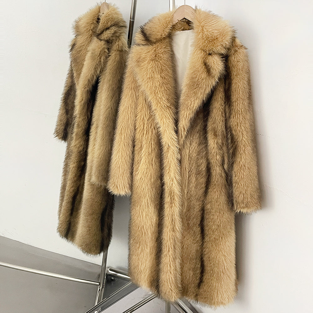 OFTBUY Luxury Long-Line Notch Lapel Faux Fur Coat - Elegant Winter Vegan Fur Overcoat