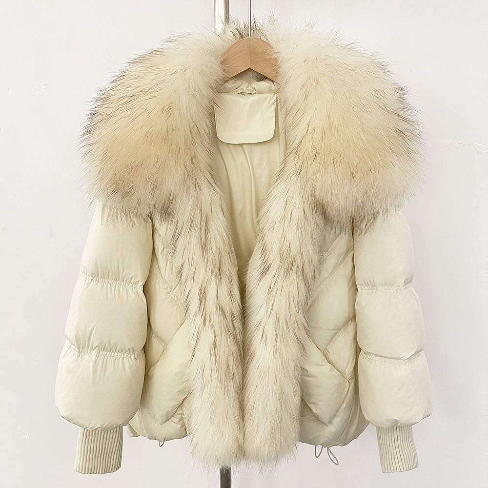 OFTBUY New Winter Large Real Raccoon Fur Puffer Coat Women Knit Sleeve White Duck Down Jacket Female Oversize Feather Down Parka