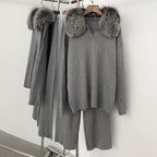 OFTBUY Knitted Pant Set Female Fashion Warm Real Fox Fur Sweater Lady New Autumn Winter Plus Size Woman Clothes Outfits Knitwear