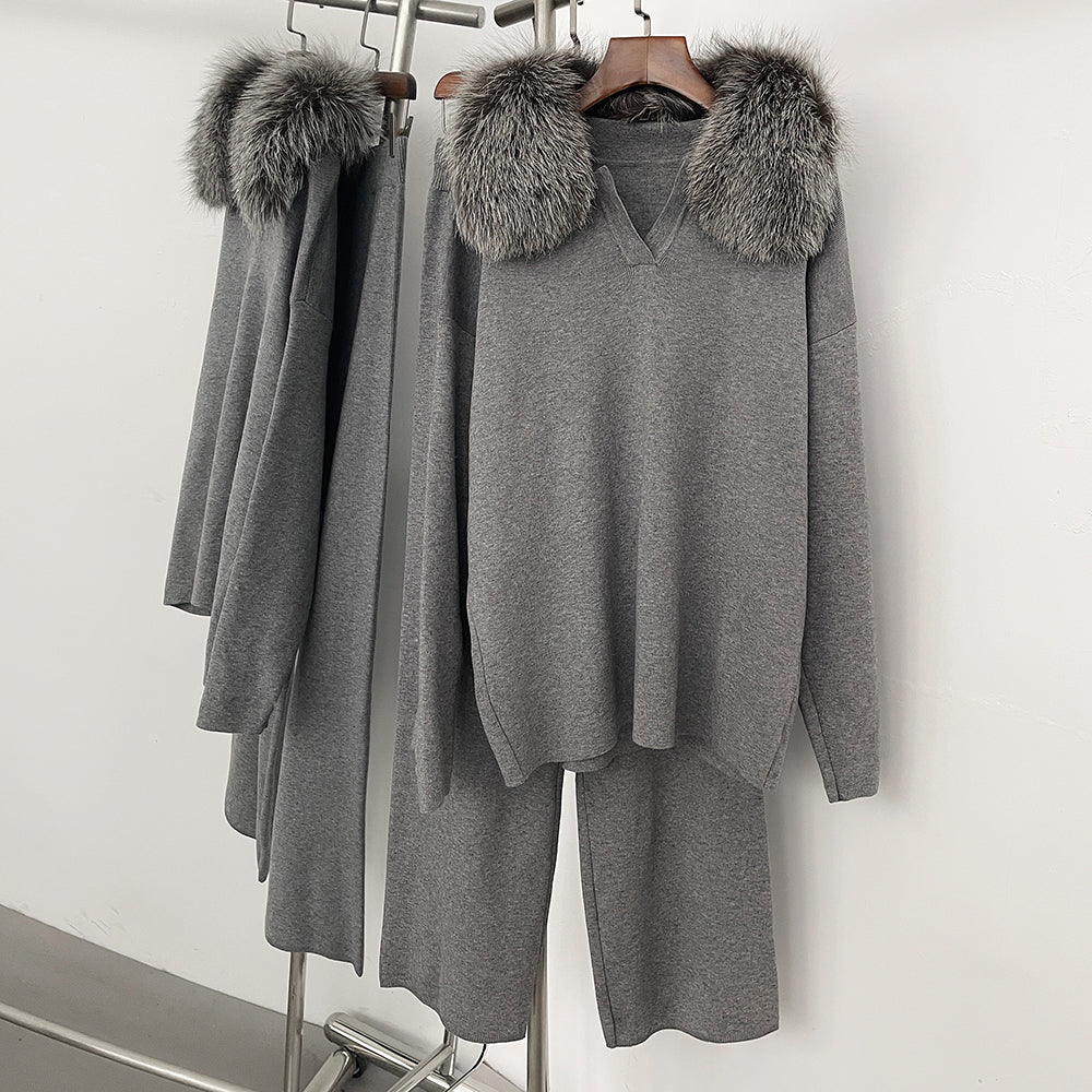 OFTBUY Knitted Pant Set Female Fashion Warm Real Fox Fur Sweater Lady New Autumn Winter Plus Size Woman Clothes Outfits Knitwear