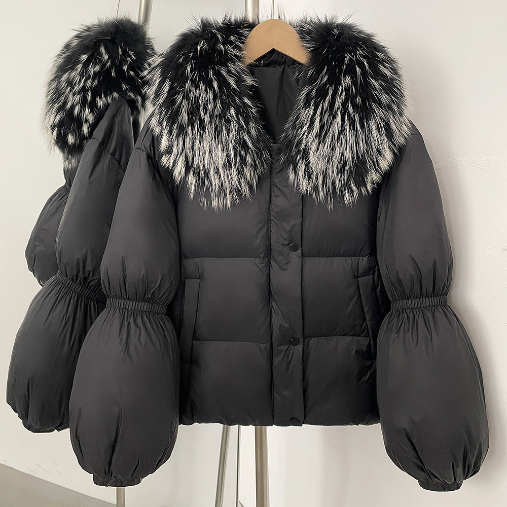 OFTBUY New Winter Loose Top Clothes Women Real Fox Fur Fluffy Puffer Jacket Female Lantern Sleeves Natural Fur Collar Down Coat