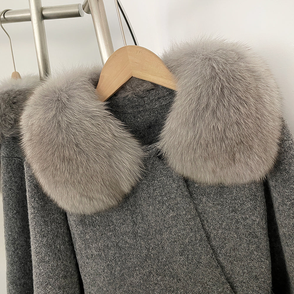 OFTBUY Women's Real Fox Raccoon Fur Collar Knit Wrap Coat Drawstring Waist Autumn Winter Cardigan Jacket Female Luxury Outerwear