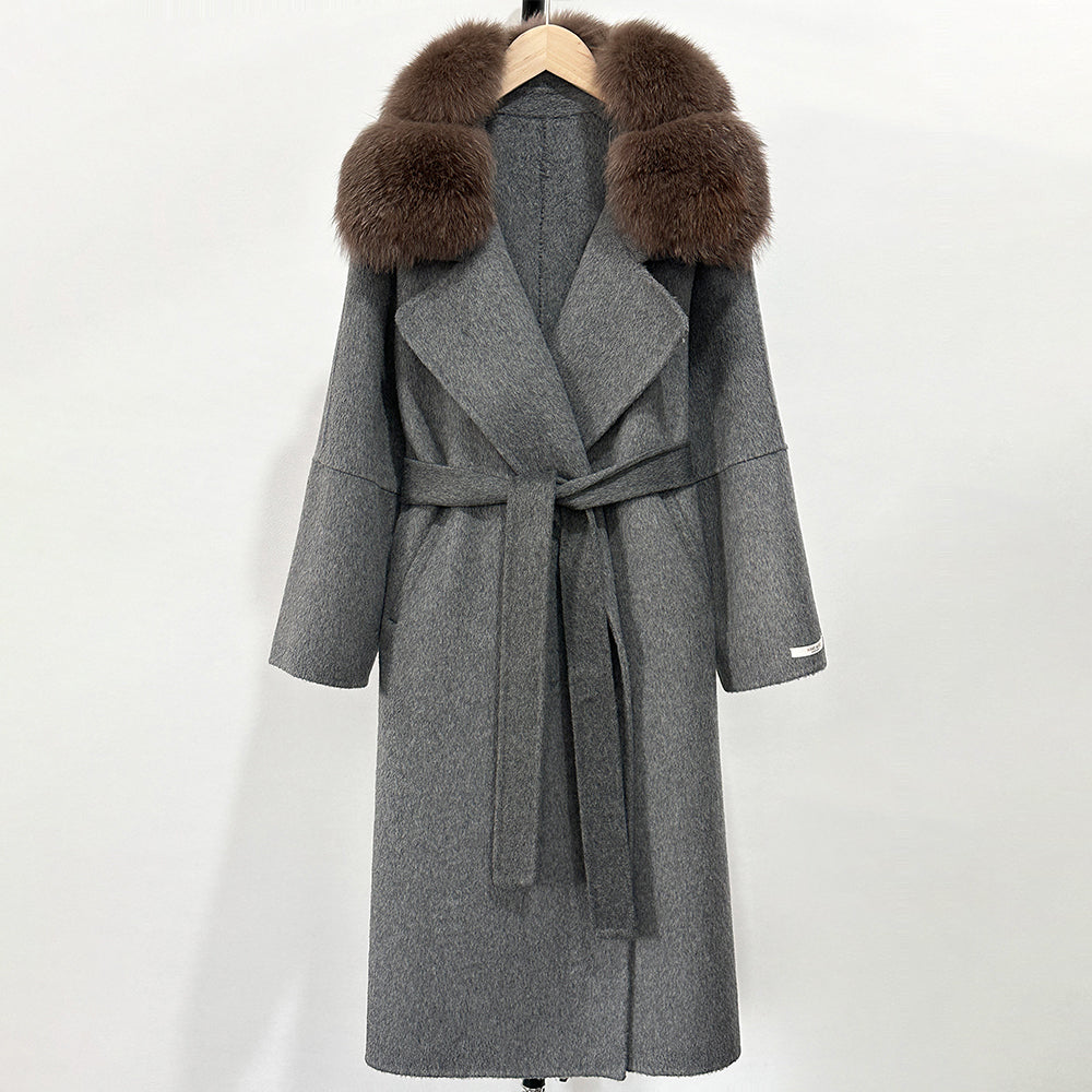 OFTBUY Belted Long Warm Winter Elegant Fashion Outerwear New Women's Double-Faced Wool Coat with Real Fox Fur Collar