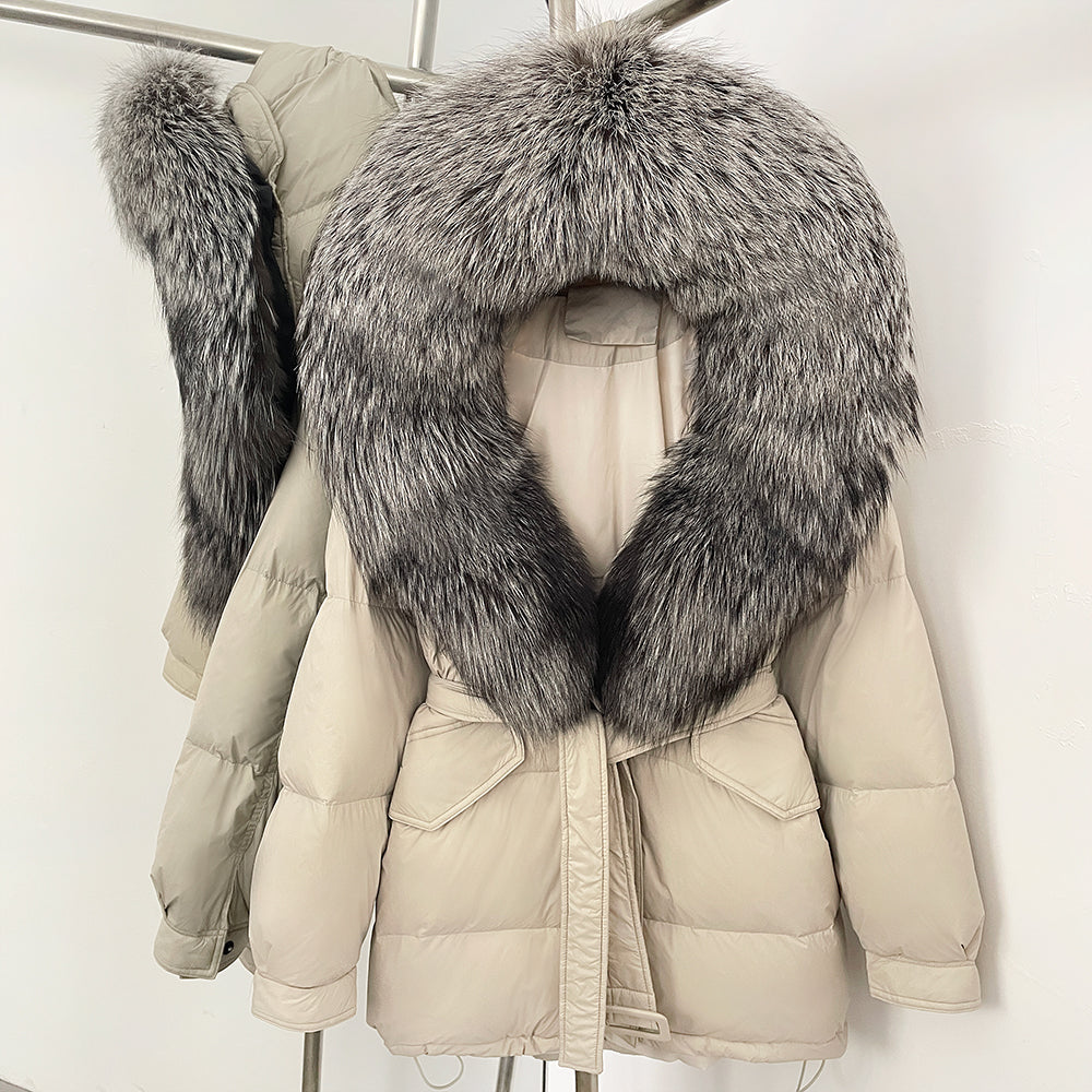 OFTBUY Thick Warm Mid-Long Puffer Coat Real Fox Fur Collar White Duck Down Coat Female Loose Warm Hooded Parkas With Belt