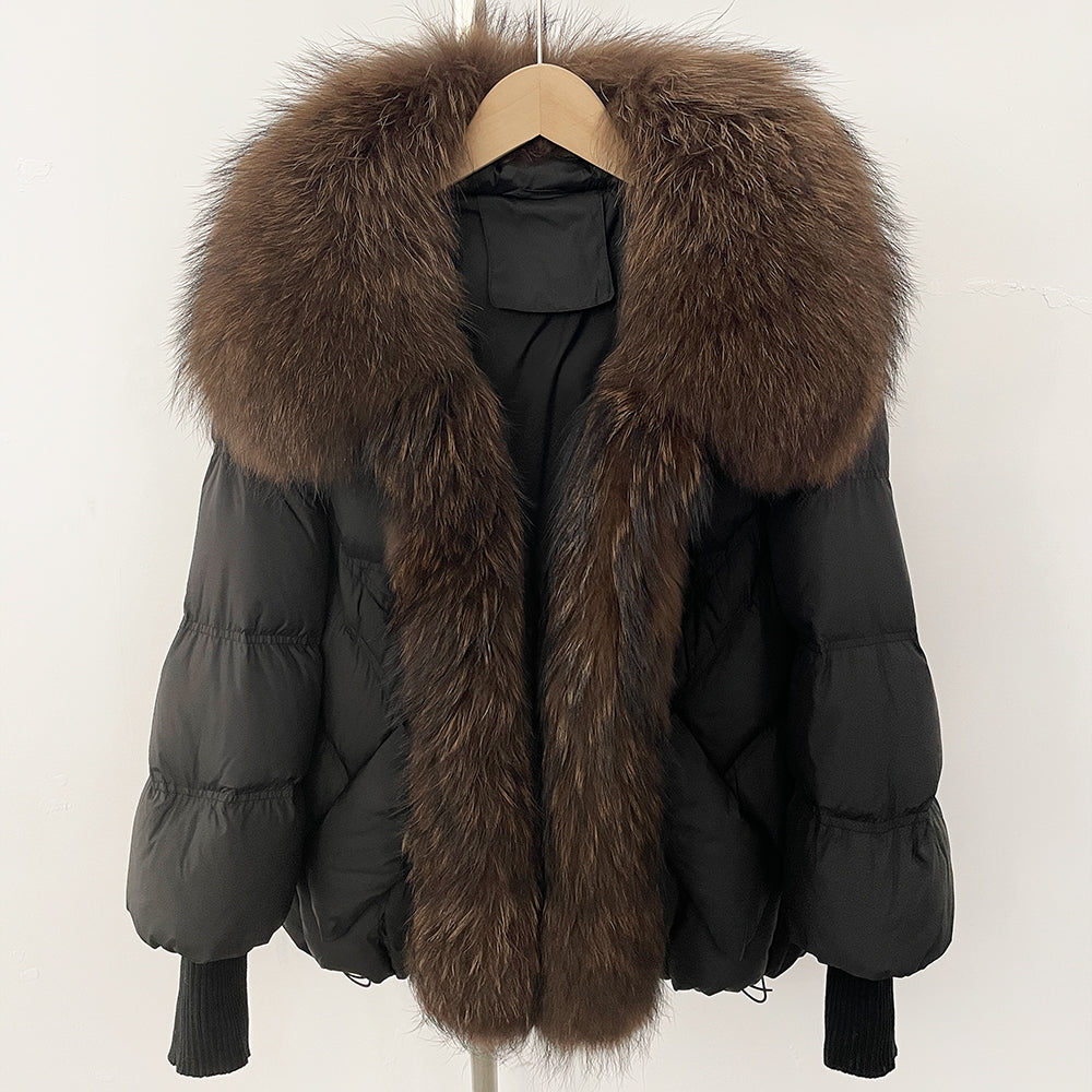 OFTBUY New Winter Large Real Raccoon Fur Puffer Coat Women Knit Sleeve White Duck Down Jacket Female Oversize Feather Down Parka