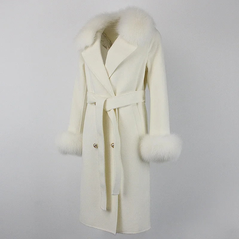 OFTBUY Winter Jacket Women Long Natural Wool Blends Cashmere Real Fur Coat Double Breasted Belt Warm Streetwear New Fashion