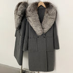 OFTBUY Double Breasted Pockets Long Luxury Warm Winter Outerwear New Women's Double-Faced Wool Coat with Real Fox Fur Collar