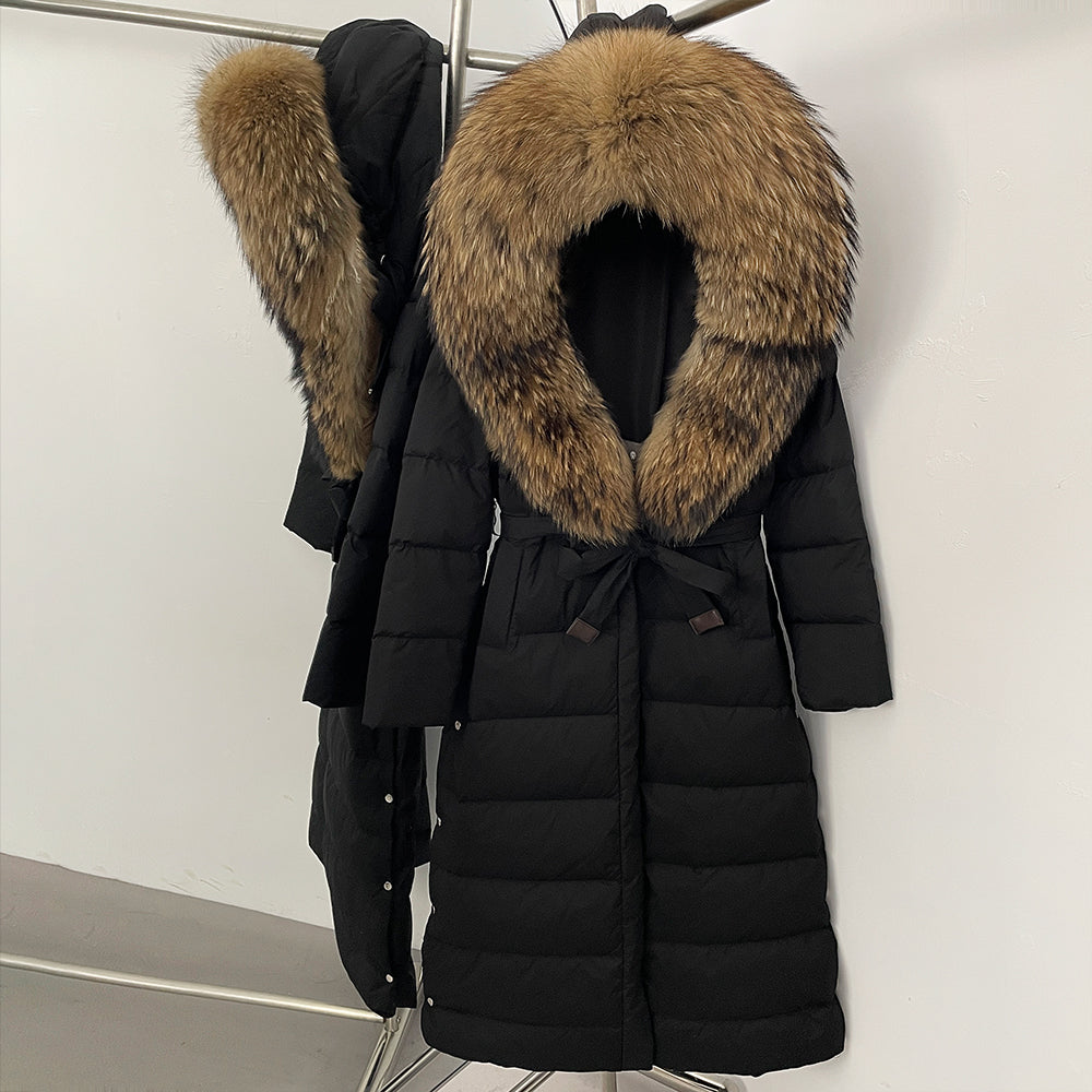 OFTBUY Hooded Winter White Duck Down Coat Large Real Fox Fur Collar X-Long Puffer Jacket Women Thick Female Parkas With Belt