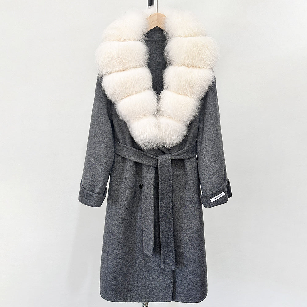 OFTBUY Winter Jacket Women Woolen Blends Coat Natural Real Fox Fur Collar Belt Loose Outerwear Casual Outerwear Streetwear